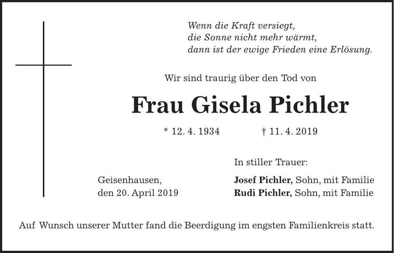 Traueranzeige Gisela Pichler