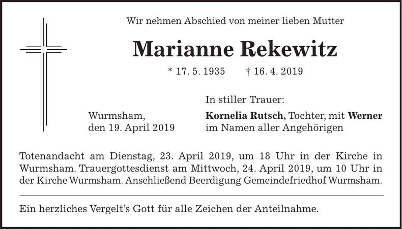 Traueranzeige Marianne Rekewitz