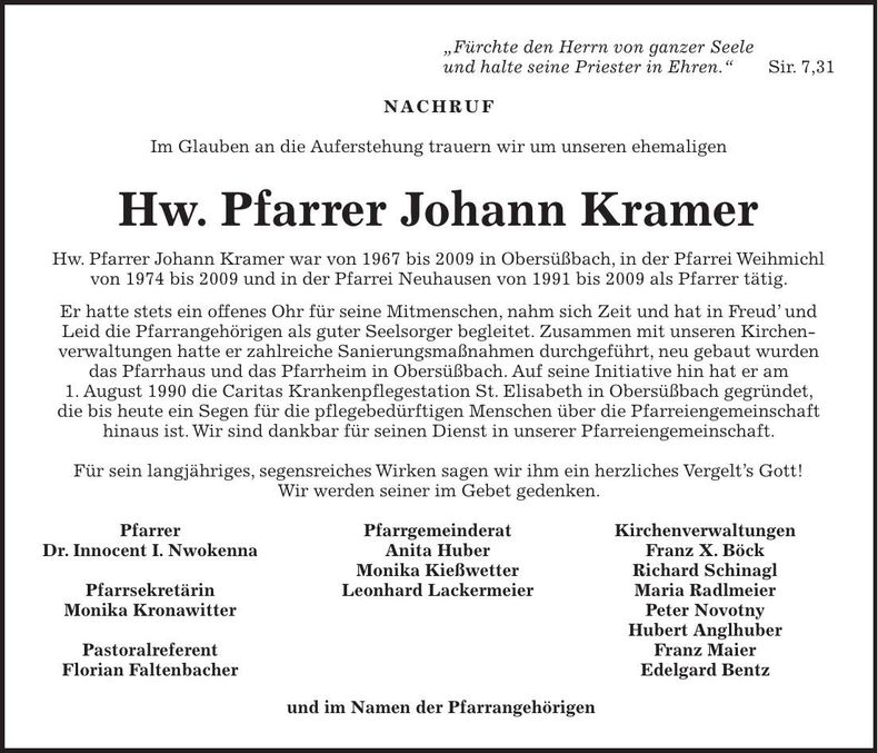 Traueranzeige Johann Kramer