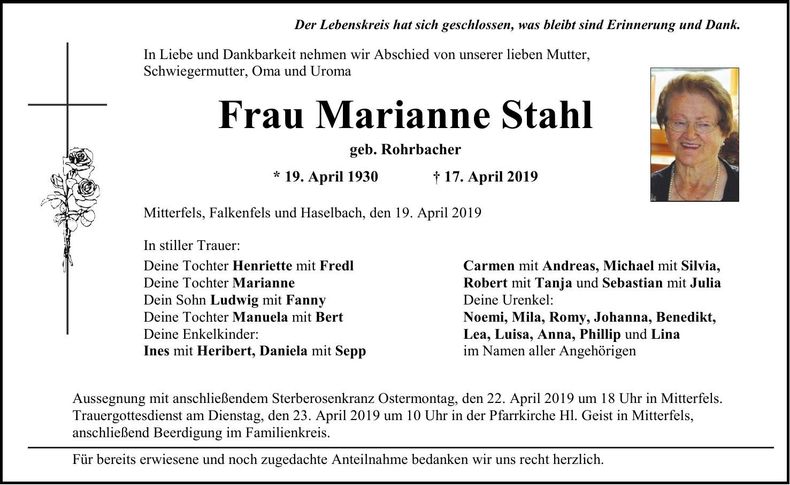 Traueranzeige Marianne Stahl