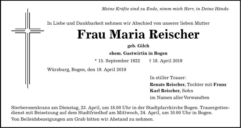 Traueranzeige Maria Reischer