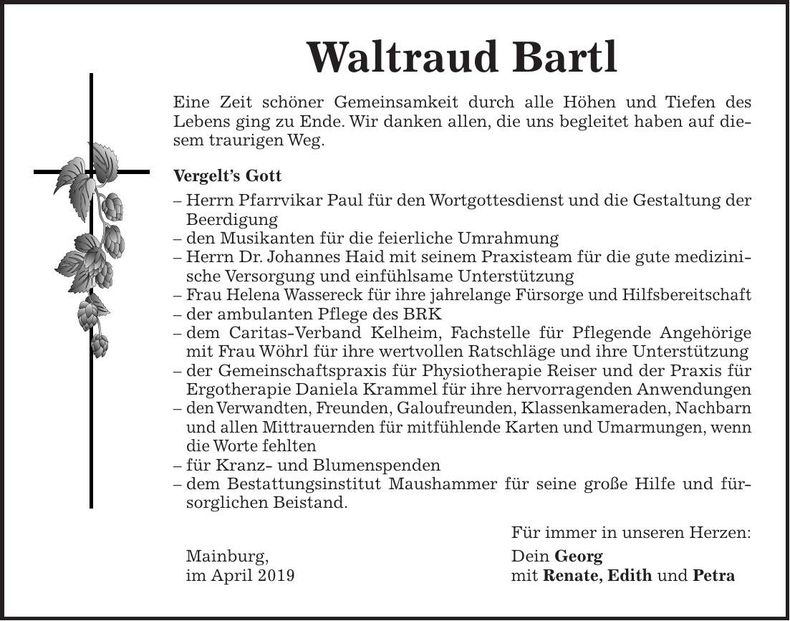 Traueranzeige Waltraud Bartl