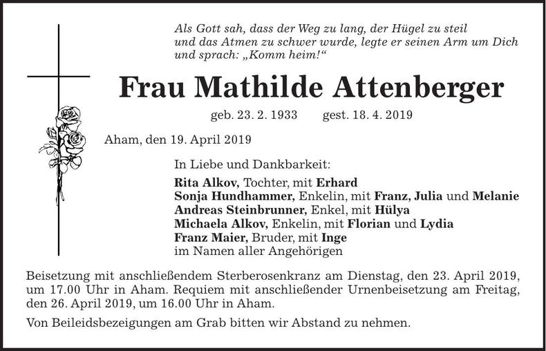 Traueranzeige Mathilde Attenberger