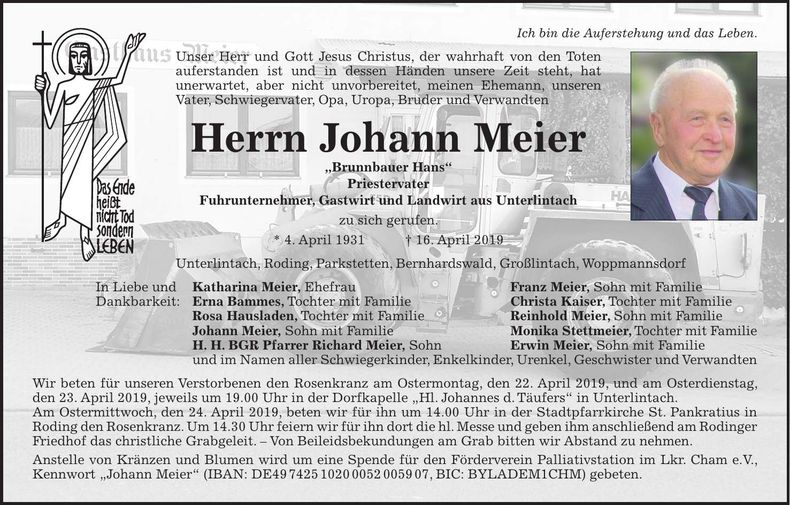 Traueranzeige Johann Meier