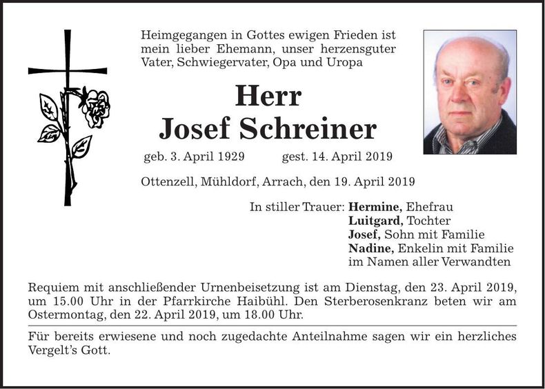 Traueranzeige Josef Schreiner