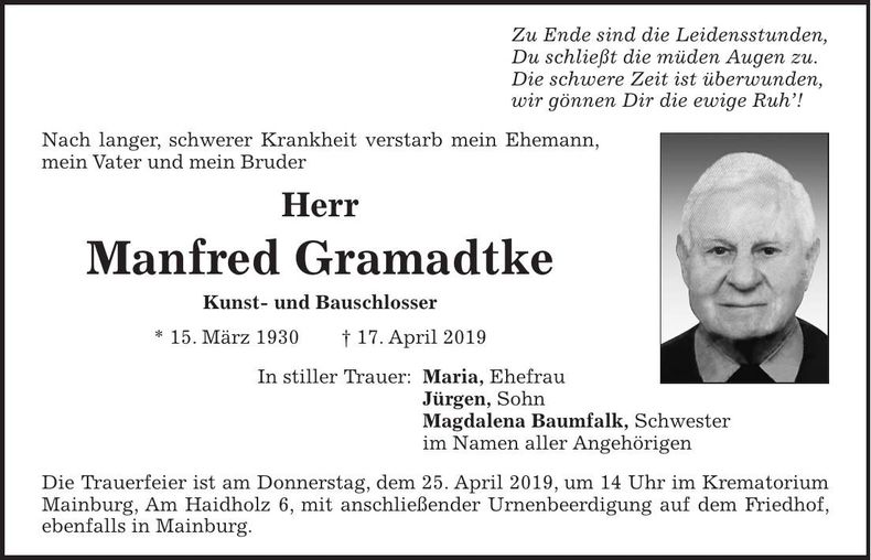 Traueranzeige Manfred Gramadtke