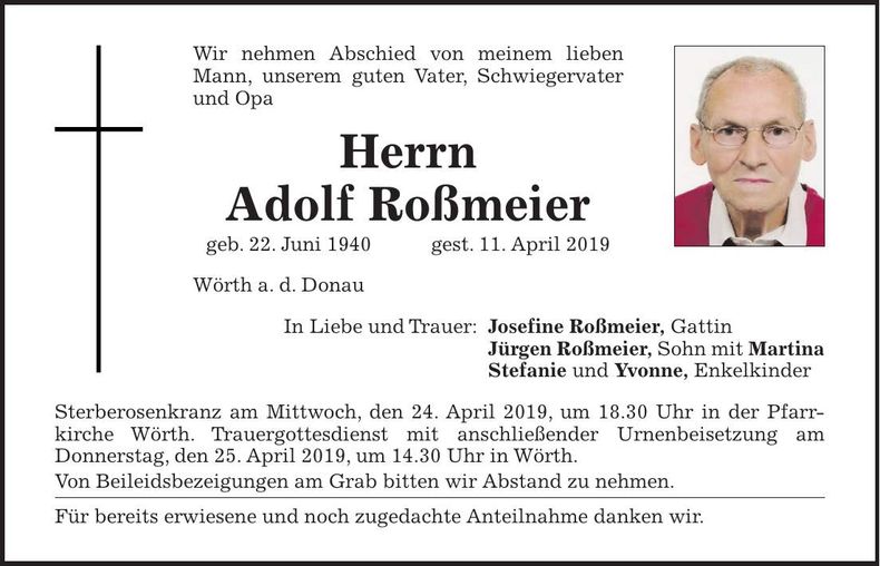 Traueranzeige Adolf Roßmeier