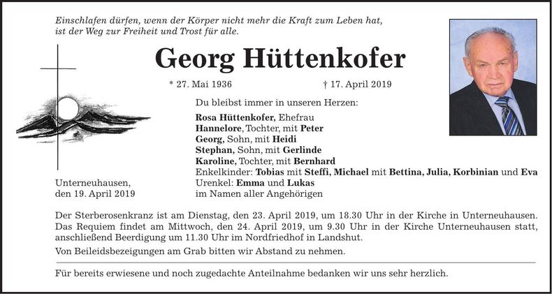 Traueranzeige Georg Hüttenkofer