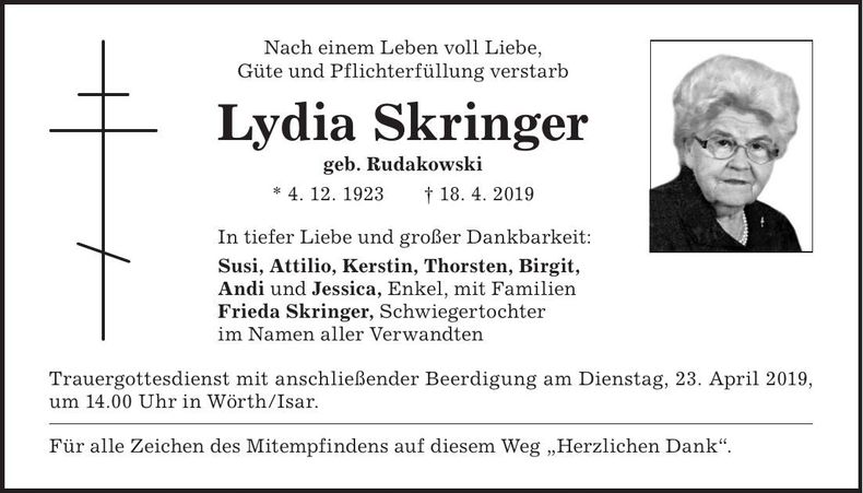 Traueranzeige Lydia Skringer