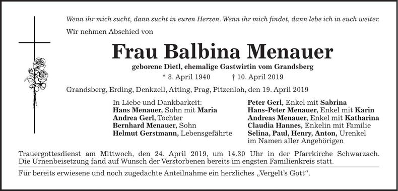 Traueranzeige Balbina Menauer