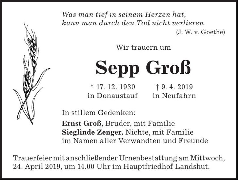 Traueranzeige Sepp Groß