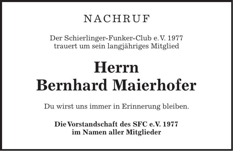 Traueranzeige Bernhard Maierhofer