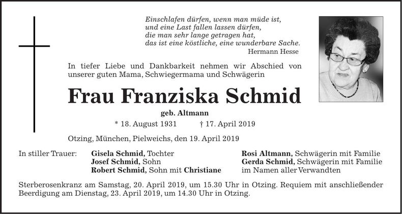 Traueranzeige Franiska Schmid