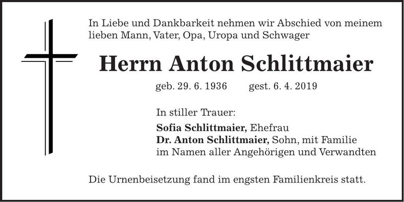 Traueranzeige Anton Schlittmaier