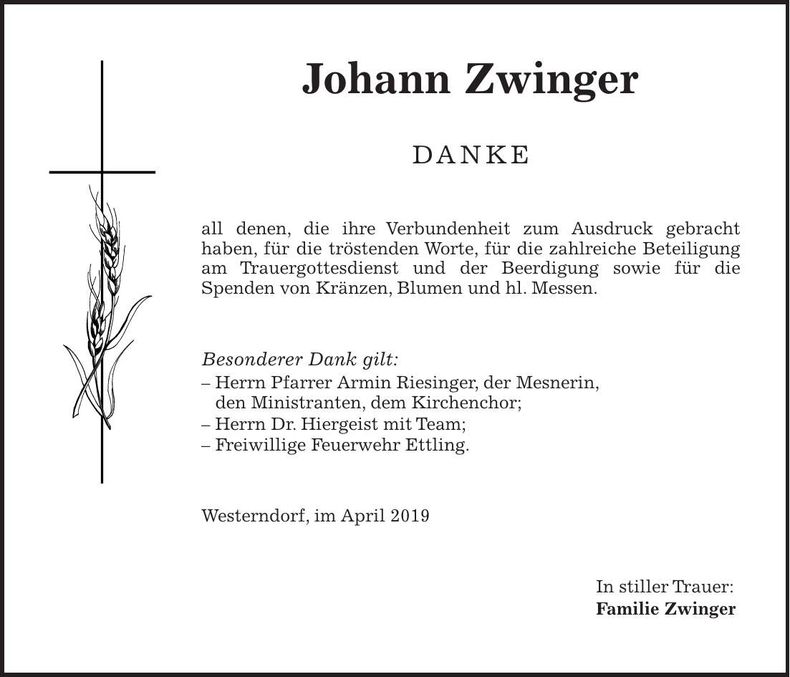 Traueranzeige Johann Zwinger