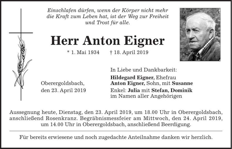 Traueranzeige Anton Eigner