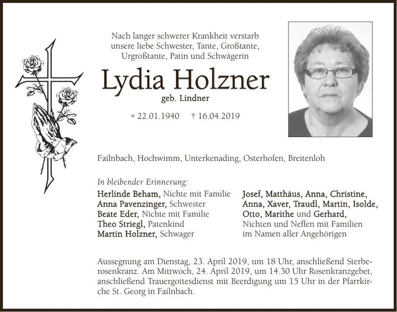 Traueranzeige Lydia Holzner