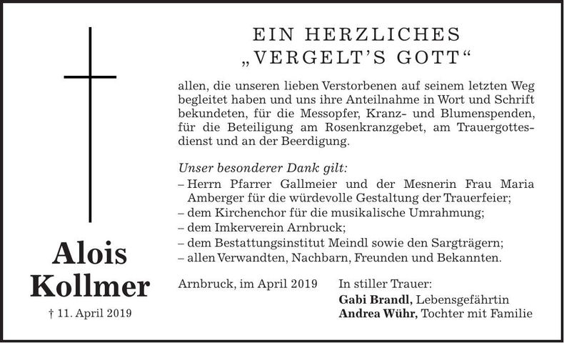 Traueranzeige Alois Kollmer