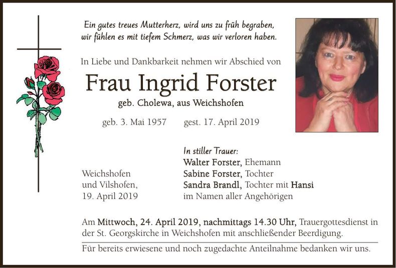 Traueranzeige Ingrid Forster