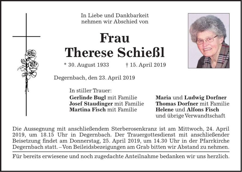 Traueranzeige Therese Schießl