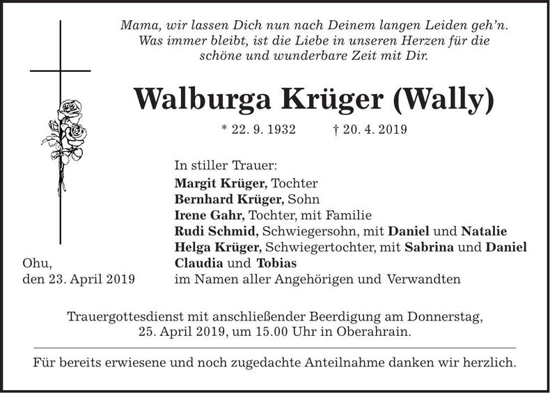 Traueranzeige Walburga Krüger