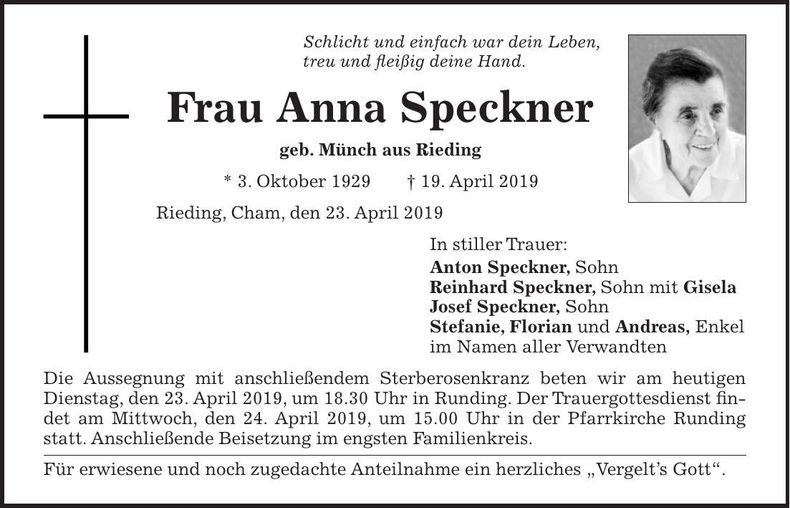 Traueranzeige Anna Speckner