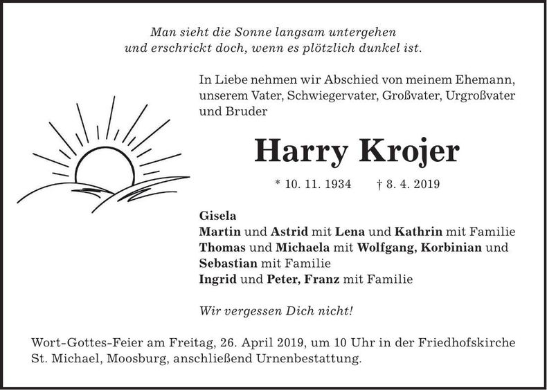 Traueranzeige Harry Krojer