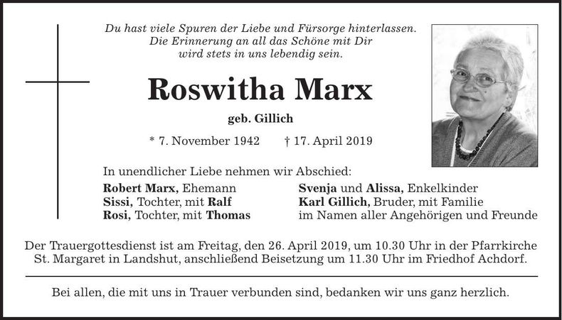 Traueranzeige Roswitha Marx