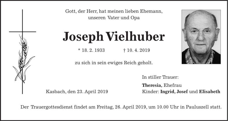 Traueranzeige Joseph Vielhuber