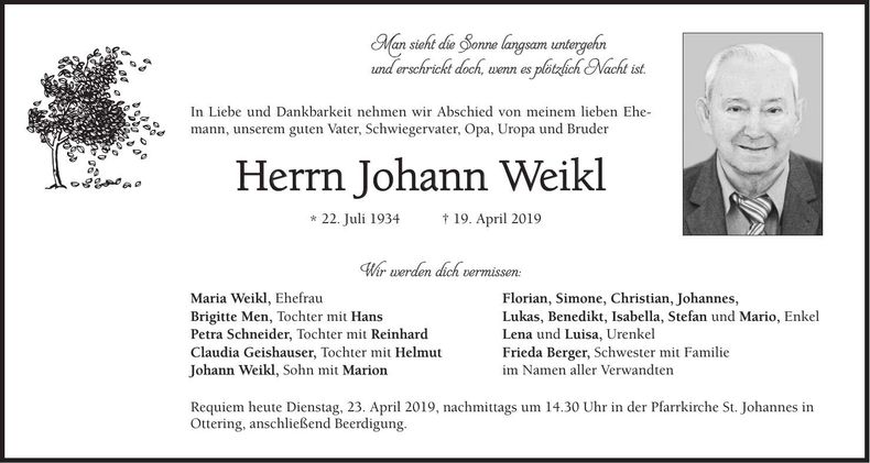 Traueranzeige Johann Weikl