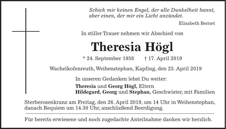 Traueranzeige Theresia Högl