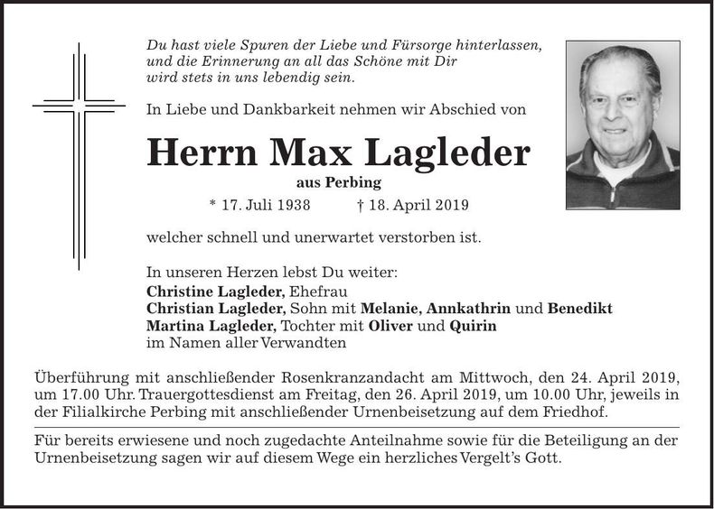 Traueranzeige Lagleder Max
