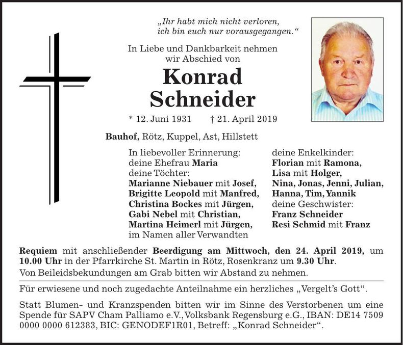 Traueranzeige Konrad Schneider