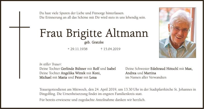 Traueranzeige Brigitte Altmann