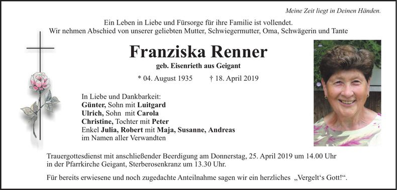 Traueranzeige Franziska Renner