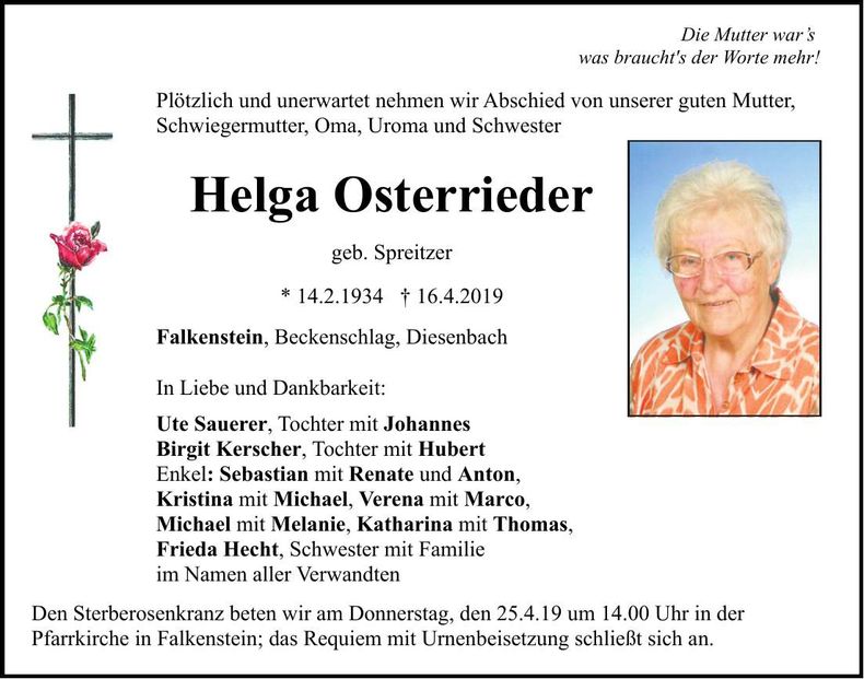 Traueranzeige Helga Rosa Osterrieder
