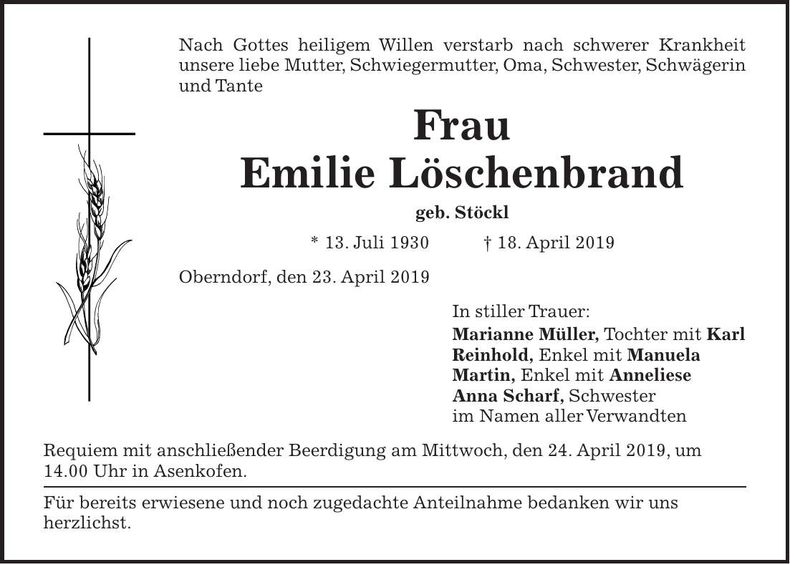Traueranzeige Emilie Löschenbrand