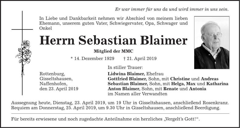 Traueranzeige Sebastian Blaimer