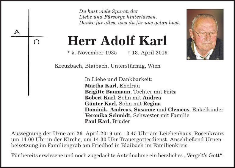 Traueranzeige Adolf Karl