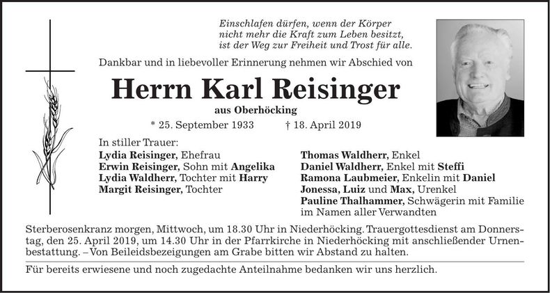 Traueranzeige Karl Reisinger
