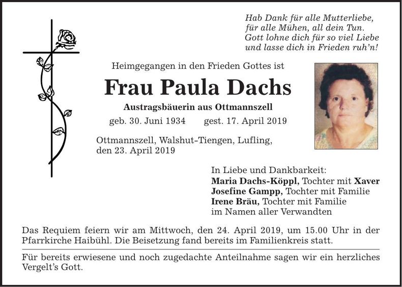 Traueranzeige Paula Dachs