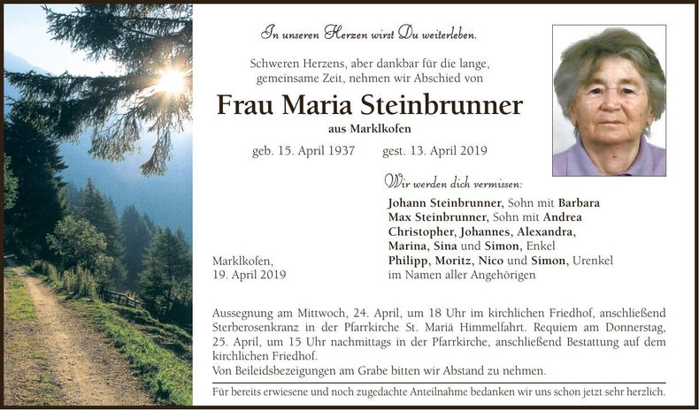 Traueranzeige Maria Steinbrunner