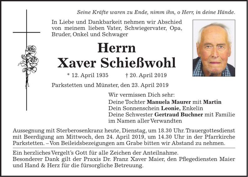 Traueranzeige Xaver Schießwohl