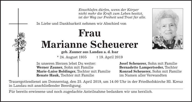 Traueranzeige Marianne Scheuerer