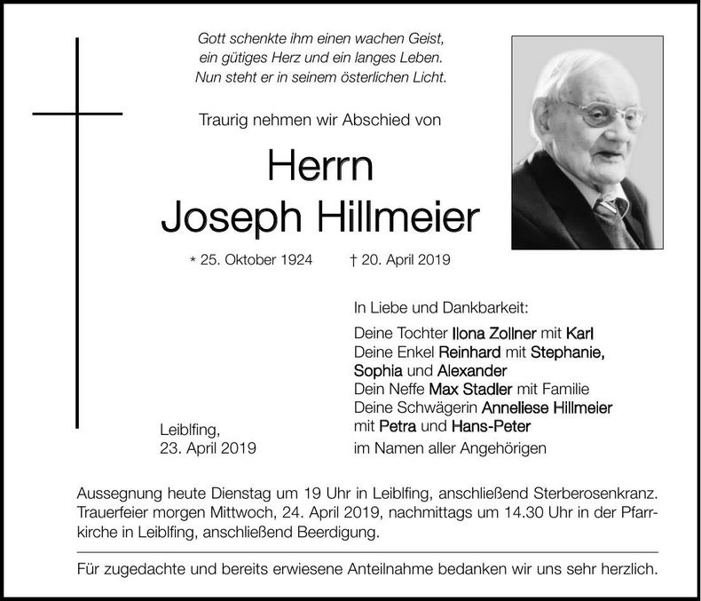 Traueranzeige Joseph Hillmeier