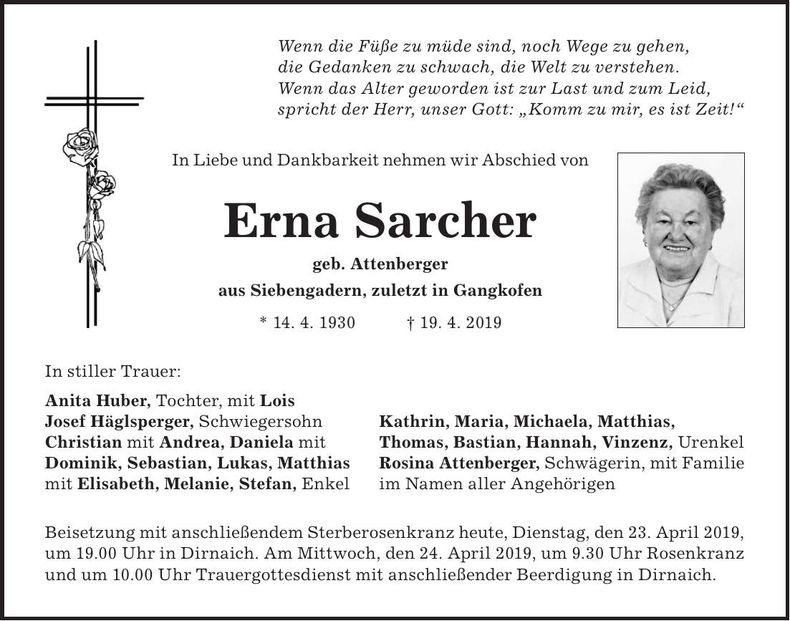 Traueranzeige Erna Sarcher