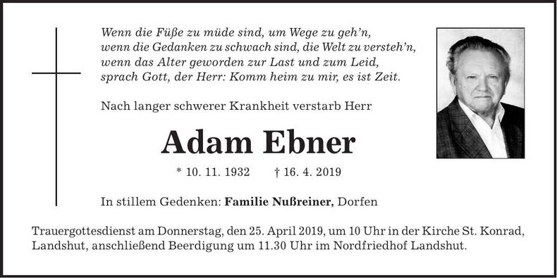 Traueranzeige Adam Ebner
