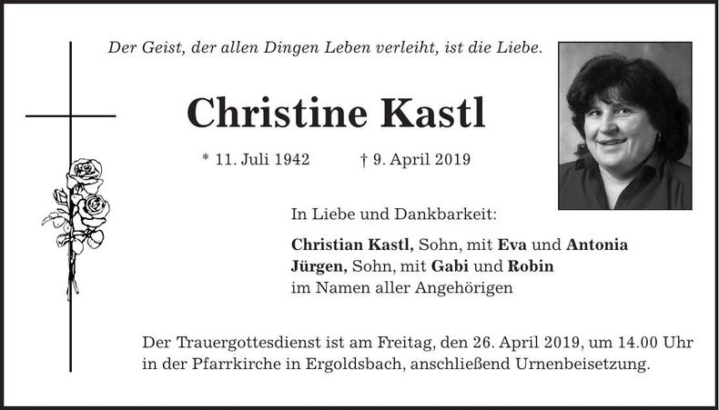 Traueranzeige Christine Kastl