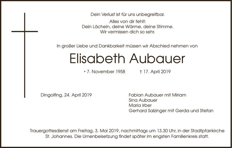 Traueranzeige Elisabeth Aubauer