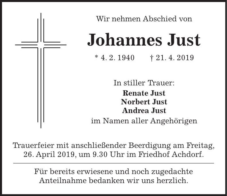 Traueranzeige Johannes Just